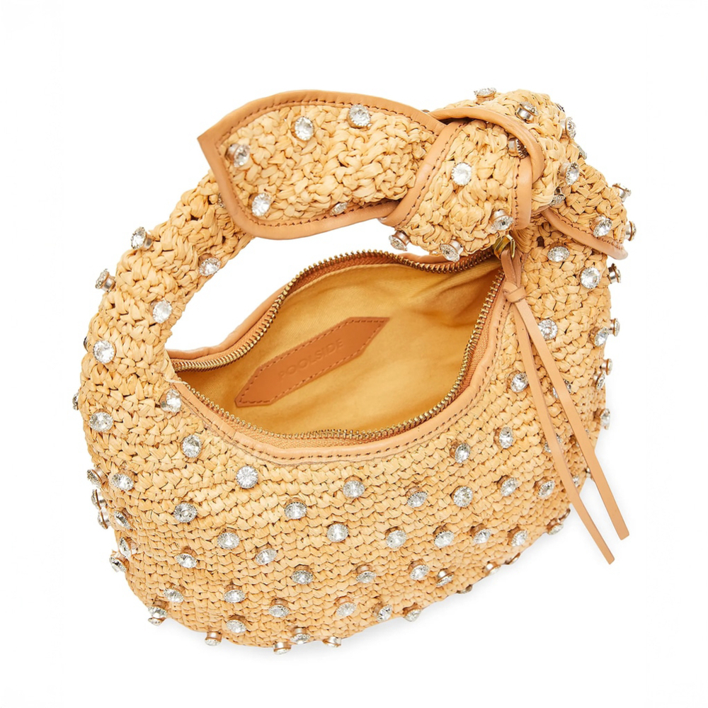 NWT Poolside Josie Bling Raffia Top-Handle Knotted Bag Crystals Natural - Picture 2 of 8